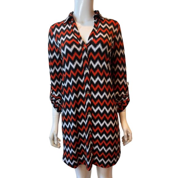 Michael Kors Womens Chevron Button Up Shirt Dress Roll Up Sleeve Red Black SZ 2 - Picture 1 of 8